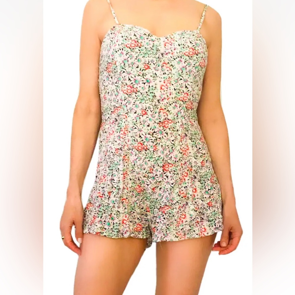 Floral Romper S Sweetheart Spaghetti Strap Shorts Mini Dress Retro 90s Vintage